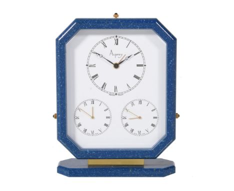  Asprey, a gilt metal and blue lacquer triple time zone alarm desk clock,   three quartz movements, white dials, Roman numera