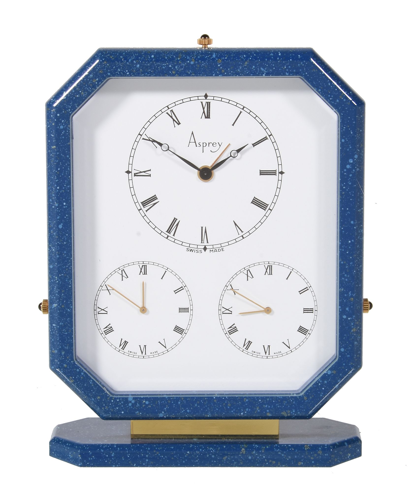 Asprey, a gilt metal and blue lacquer triple time zone alarm desk clock