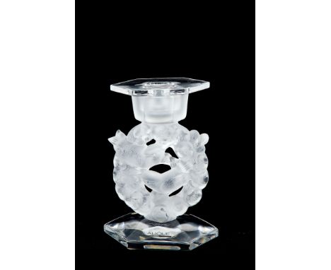  Lalique, Cristal Lalique, Mesanges, a clear and frosted glass candlestick,   with a detachable sconce, engraved mark, adhesi