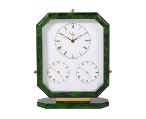  Asprey, a gilt metal and green lacquer triple time zone alarm desk clock,   three quartz movements, white dials, Roman numer