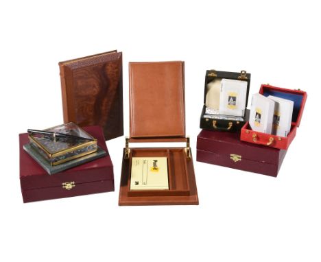  Asprey, a brown leather desk set,   the hinged cover holding a brown leather address book, with a tray for post-it notes, a 