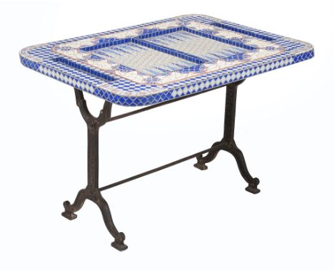  A ceramic and glass inset games table, with inset backgammon board,   20th century, the rectangular top with rounded corners