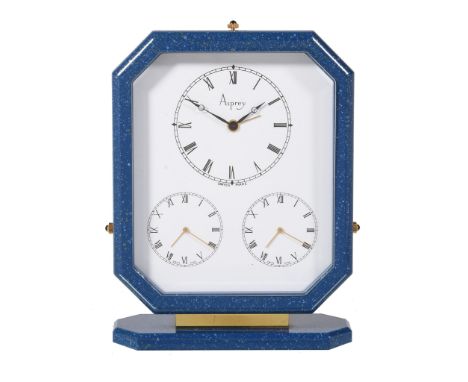  Asprey, a gilt metal and blue lacquer triple time zone alarm desk clock,   three quartz movements, white dials, Roman numera