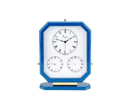  Asprey, a gilt metal and blue lacquer triple time zone alarm desk clock,   three quartz movements, white dials, Roman numera