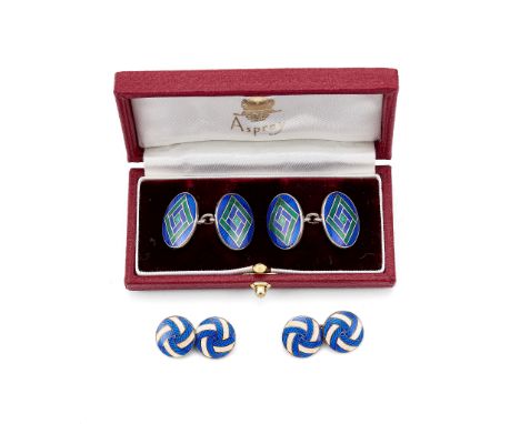  Asprey, a pair of silver and enamel double sided cufflinks,   London 1994,  the blue and green guilloche enamel oval panels 