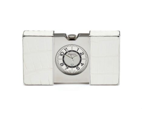  Asprey, a stainless steel and white leather travel alarm desk clock,   circa 2006, quartz movement, silvered dial, Arabic nu