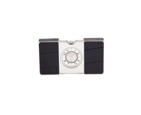  Asprey, a stainless steel and black leather travel alarm desk clock,   circa 2006, quartz movement, silvered dial, Arabic nu