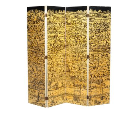  Piero Fornasetti (1913-1988), Jerusalem, a four-fold lacquer screen,   transfer printed and painted, the reverse with playin
