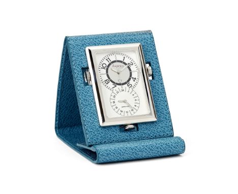  Asprey, a stainless steel and blue monogrammed leather alarm desk clock,   circa 1999, two Swiss quartz movements, silvered 