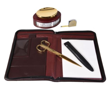  Asprey, a pair of scissors,   with a leather sheath, 21.5cm long, in an Asprey box; an Asprey measuring tape; a set of Aspre