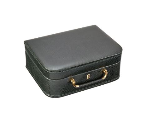  Asprey, a green leather jewellery case,   the hinged lid opening to a removable tray with ring holders and an elasticated po