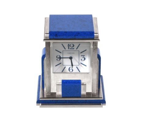  Cartier, Mystery Prism, an Art Deco style electro-plated and simulated lapis lazuli desk clock,   circa 1980, quartz movemen