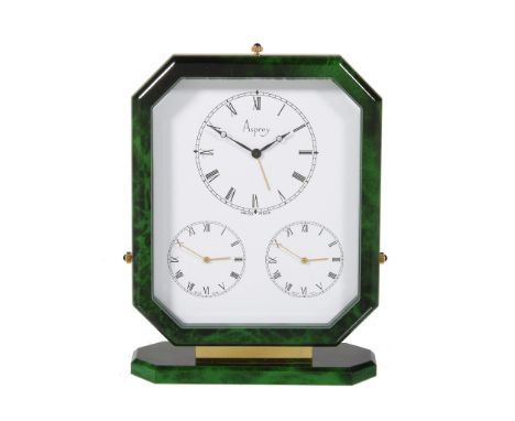  Asprey, a gilt metal and green lacquer triple time zone alarm desk clock,   three quartz movements, white dials, Roman numer