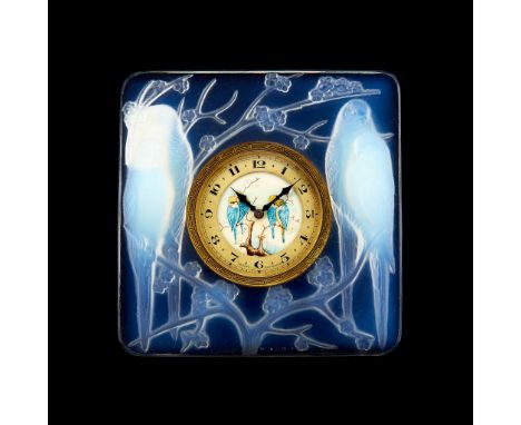  Lalique, Rene Lalique, Inseparables, an opalescent glass clock,   moulded with two pairs of budgerigars amongst blossom, the