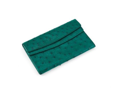  Asprey, a green ostrich purse,   two snap button fasteners, the first opening to a double gusset interior with a single zip 