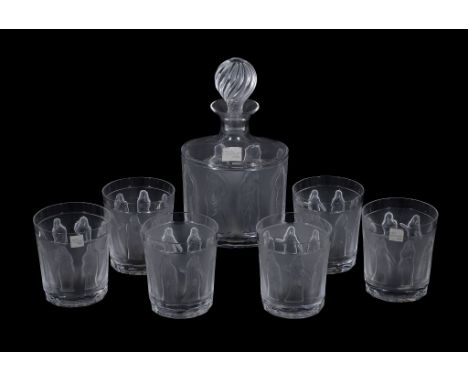  Lalique, Cristal Lalique, Femmes Antiques, a clear and part frosted glass wine decanter and stopper,   24cm high; and six tu