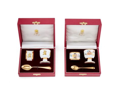  Asprey, an enamel and silver gilt christening set by Asprey,   Birmingham 1993, comprising: an enamel egg cup, painted with 