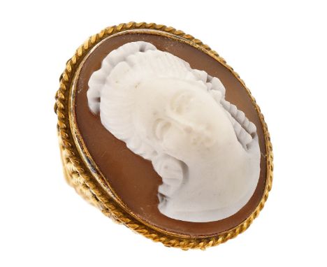 Vintage Carved Shell Cameo and 14 Karat Yellow Gold Ring. Cameo measures 25mm x 18mm. Stamped 14K. Ring size 5. Approx. weigh