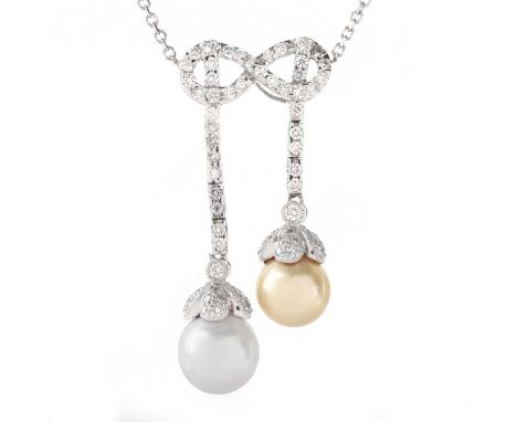 10.5mm White South Sea Pearl, 9.5mm Champagne South Sea Pearl, Approx. 1.30 Carat Diamond and 18 Karat White Gold Pendant Nec