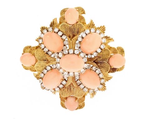 Large Vintage Cabochon Angelskin Coral, Round Brilliant Cut Diamond and Heavy 18 Karat Yellow Gold Pendant / Brooch. Measures