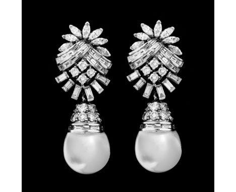 Art Deco Approx. 10.0 Carat TW Marquise, Baguette and Round Cut Diamond, 13mm South Sea Pearl and Platinum Pendant Earrings. 