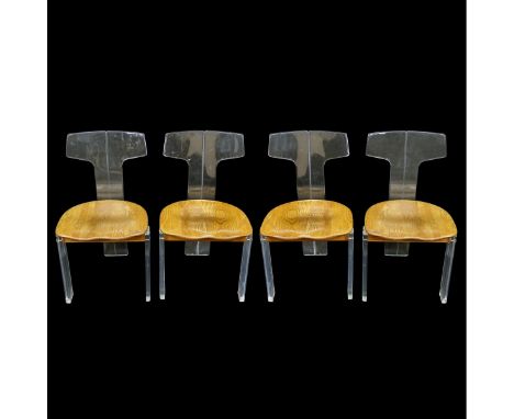 Set of Four Mid Century Modern Lucite and Wood Side Chairs. Unsigned. Measures 33" H x 18" W x 22" D. Condition: Light wear t