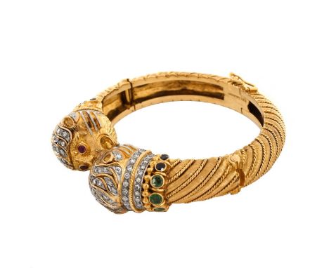 Vintage Ilias Lalaounis Heavy 18 Karat Yellow Gold Tiger Head Cuff Bangle Bracelet Accented with Diamond, Emeralds, Sapphires