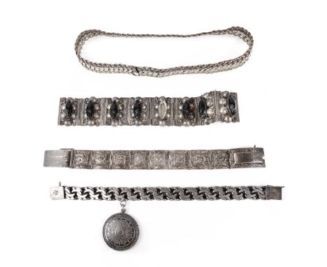 Vintage Silver Jewelry Including: Mexican .925 Silver Bracelet with Charm; Sterling .925 Silver Bracelet with Carved Black On
