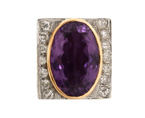 Vintage Large Oval Cut Amethyst, Round Brilliant Cut Diamond and 14 Karat Yellow Gold Ring. Amethyst measures 20mm x 14mm. St