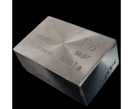 Russian Palladium Bar (State Refinery). Contains 3223.7 grams of 99.97 fine Palladium. Stamped. Serial #345902. Made In Russi
