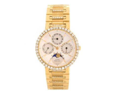 Men's Vintage Piaget Automatic 18 Karat Yellow Gold and Diamond Bracelet Watch with Perpetual Calendar and Moon Phase, with B