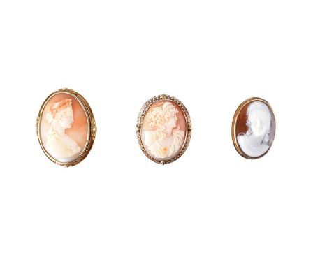 Three (3) Antique Carved Shell Cameo and 9-10 Karat Yellow Gold Pendant Brooches, One with Small Seed Pearl Accents. Largest 