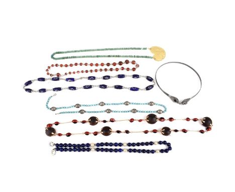 Collection of Seven Vintage Necklaces Including: Turquoise and Silver, Silver Choker with Oval Garnets, Lapis Beads with Pear