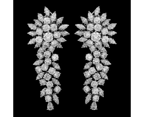 Vintage Approx. 18.0 Carat TW Round Brilliant, Marquise and Pear Shape Diamond and 18 Karat White Gold Pendant Earrings. Diam