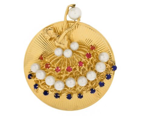Vintage 14 Karat Yellow Gold Ballerina Brooch Set with Pearls, Sapphires and Rubies. Stamped 14K. Measures 2" H, 1-3/4" W. Ap