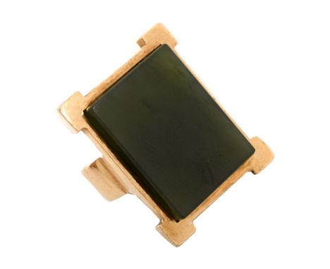 Vintage Jade and 14 Karat Yellow Gold Tablet Ring. Jade measures 20mm x 15mm. Stamped 14K. Ring size 6-1/2. Approx. weight: 1