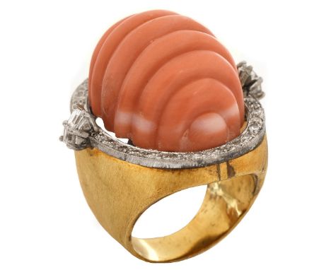 Vintage Carved Red Coral, Diamond and 14 Karat yellow Gold Ring. Coral measures 24mm x 17mm. Ring size 6. Approx. weight: 23.