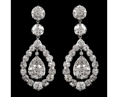 Important Art Deco Approx. 17.14 Carat TW Old European Cut Diamond and Platinum Pendant Earrings. Largest diamonds weigh appr