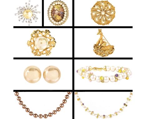 Nine (9) Pieces Faux Pearl Costume Fashion Jewelry. Includes Earrings, Brooches, Necklaces, Bracelet. Unsigned. Condition: Go
