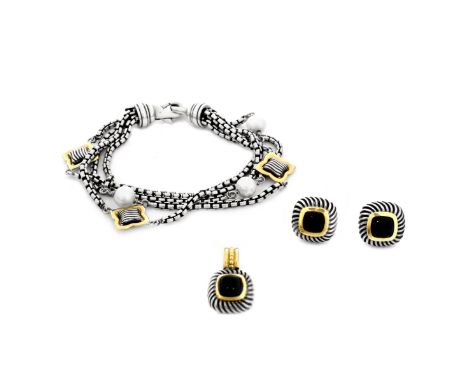Vintage David Yurman Sterling and Gold Jewelry Lot. Includes multi strand box chain bracelet with pearls 7-1/4" L, Silver, on