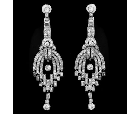 Art Deco Approx. 18.50 Carat TW Old European and Baguette Cut Diamond and Platinum Large Chandelier Earrings. Diamonds F-H co