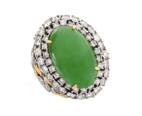 GIA Certified Ova Cabochon Jade, Approx. 1.75 Carat Round Brilliant Cut Diamond and 18 Karat Yellow and White Gold Ring. Jade