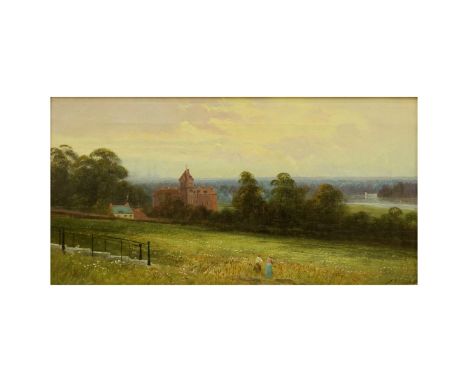 European School (19/20th Century) Oil on Canvas, Landscape Scene with Church and Villagers, Unsigned. Measures 8" H x 15" W, 