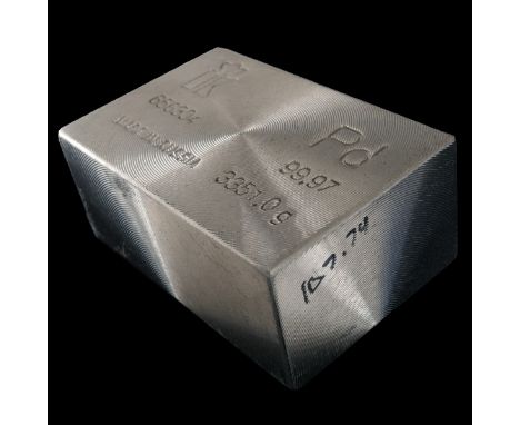 Russian Palladium Bar (State Refinery). Contains 3351.0 grams of 99.97 fine Palladium. Stamped. Serial #656304. Made In Russi