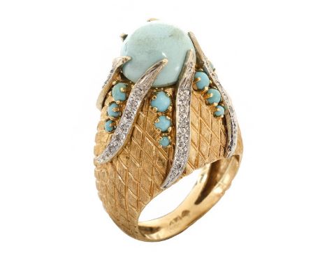 Vintage Turquoise, Pave Set Diamond and 14 Karat Yellow Gold Dome Ring. Stamped 14K. Ring size 8. Approx. weight: 14.9 grams.