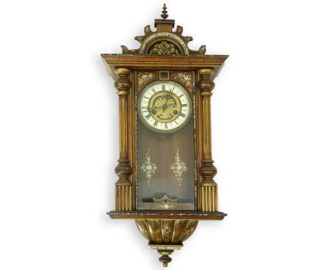 Antique Mother of Pearl Inlaid Hand Painted Regulator clock. Enamel dial with Roman numerals. Measures 28" H x 12-5/8" W x 7"