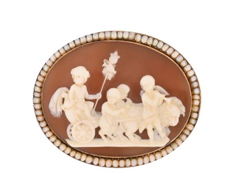 Antique Carved Shell Cameo, Seed Pearl and 14 Karat Yellow Gold Brooch. Measures 1-5/8" H, 2" W. Approx. weight: 19.2 grams. 