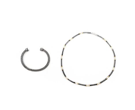Vintage David Yurman Sterling Silver and 14K Gold, Pearl and Diamond Cable Necklace and Bracelet. Stamped 925, 585, D. Yurman