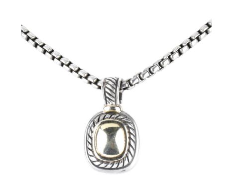 Vintage David Yurman Sterling Silver and 14K Gold Albion Necklace On Box Chain. Stamped on pendant 925, 585, D. Yurman; chain