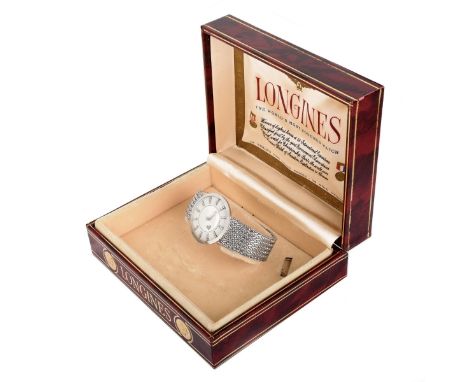 Men's Vintage 14 Karat White Gold Bracelet Watch with Diamond Hour Markers, Manual Movement and Box. Case measures 32mm. Stam